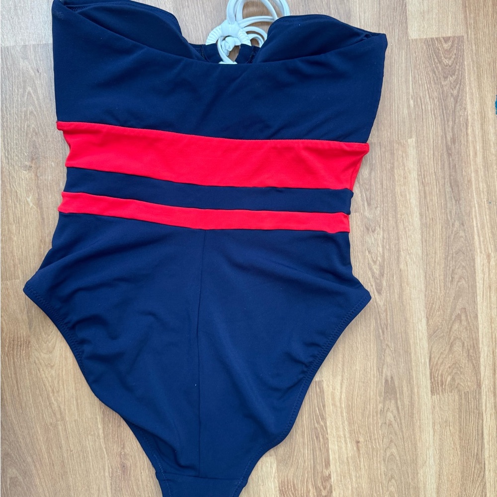 Robin Piccone Navy Stripe Halter One Piece Bandeau Babe Swimsuit - Picture 5 of 7